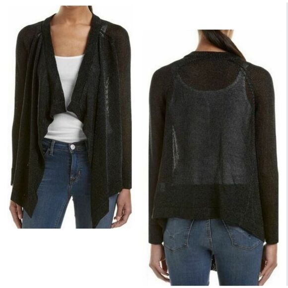 Vince Cardigan Xsmall Black Metallic Thread Open Front Mesh Waterfall Sweater - Picture 1 of 15